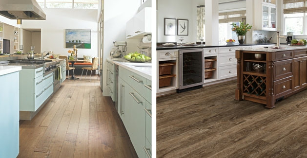 wood-look vinyl floors in two modern farmhouse kitchens